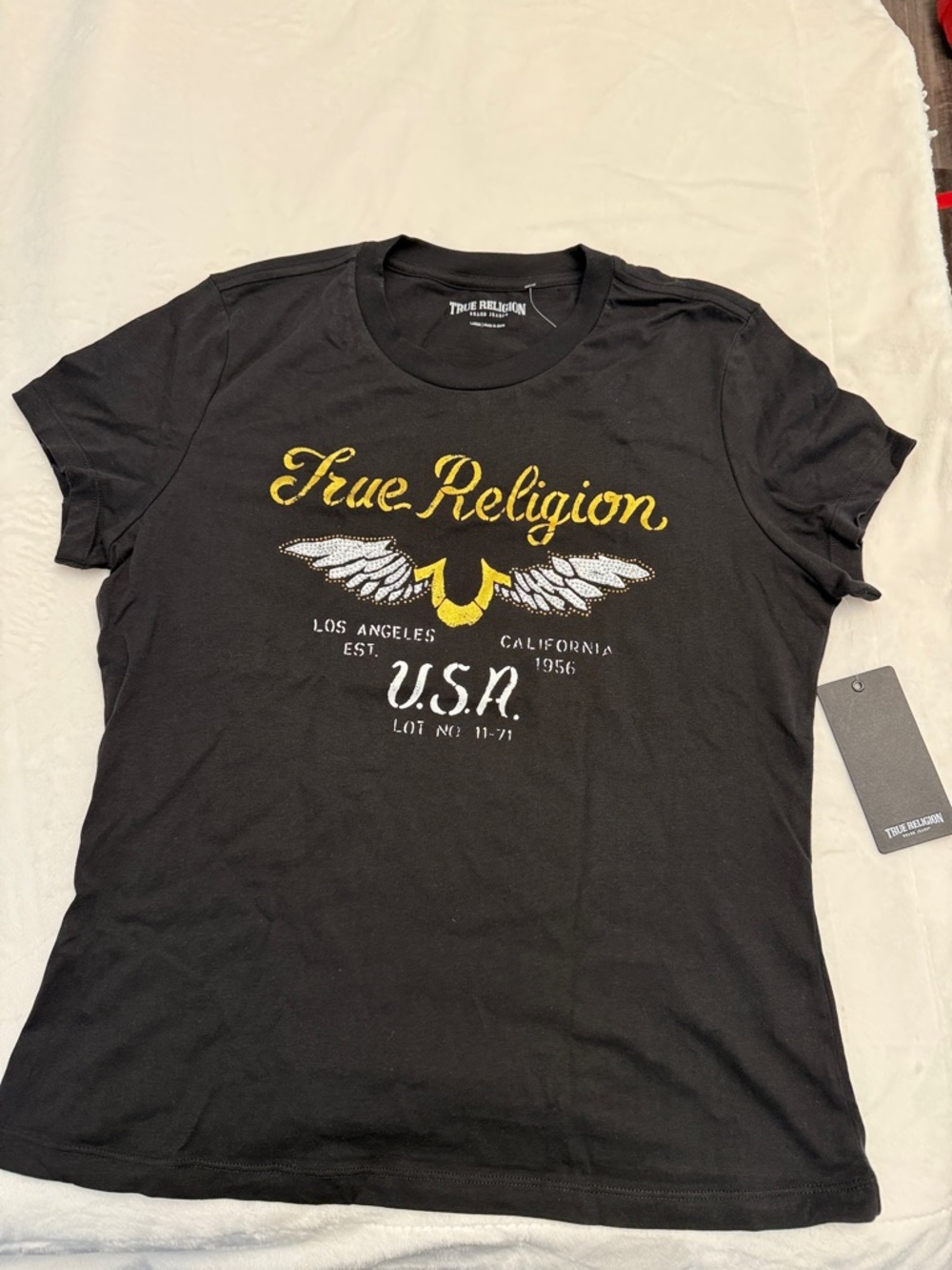 True Religion Black Graphic Logo Tee with Yellow and White Wings